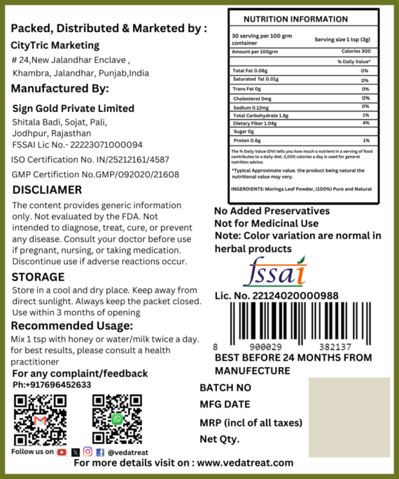 VedaTreat Pure Moringa Powder – Energy, Immunity & Health - Image 3