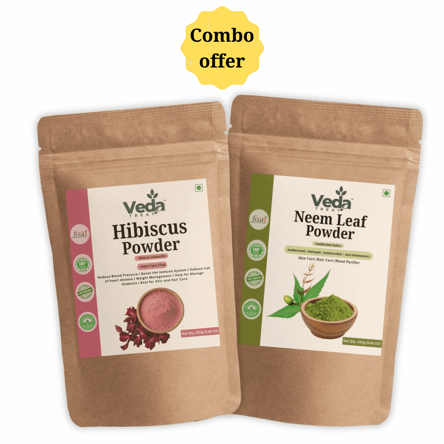 VedaTreat Hibiscus Powder and Neem Leaf Powder: 100% Pure & Natural Combo