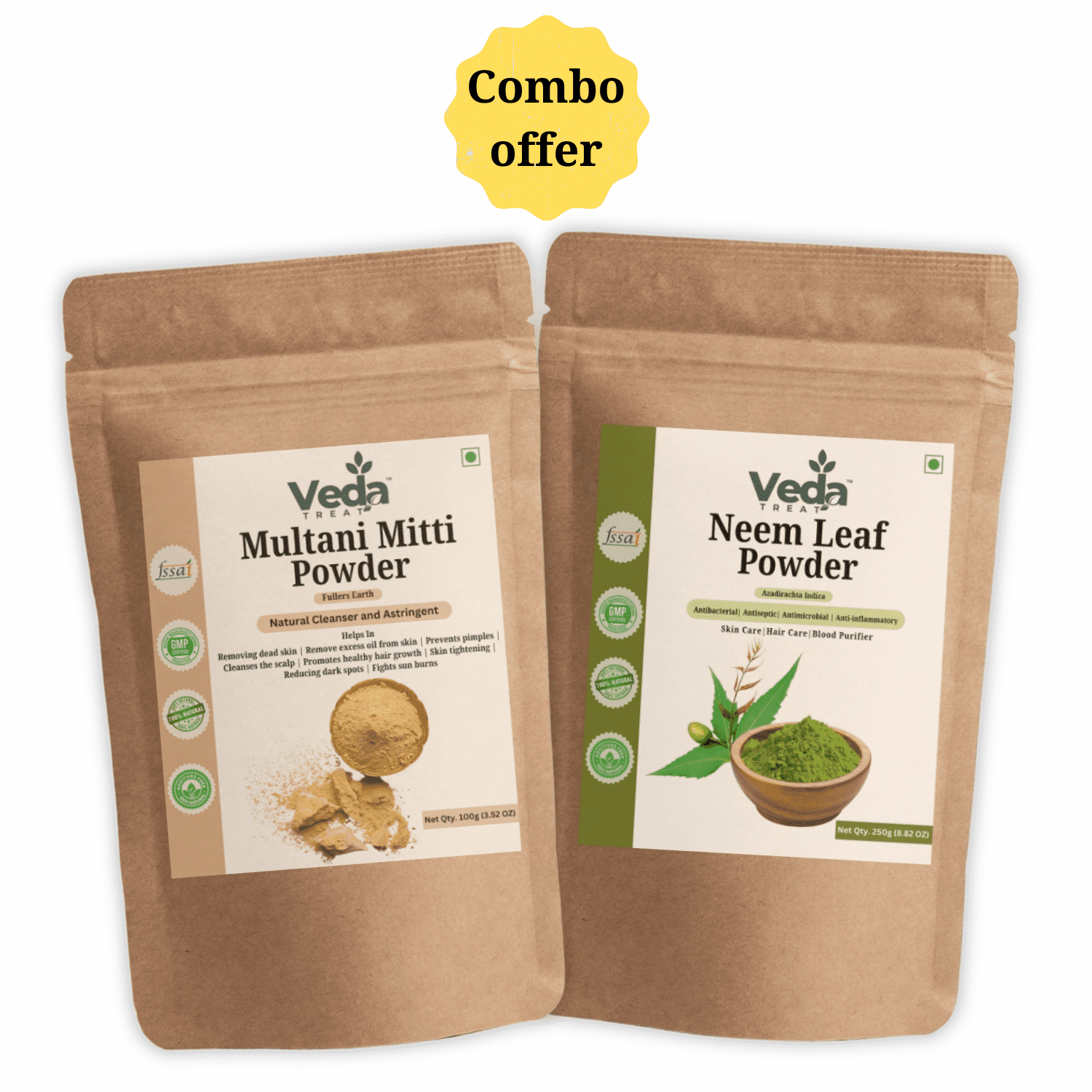 VedaTreat Multani Mitti and Neem Leaf Powder: 100% Pure & Natural Combo