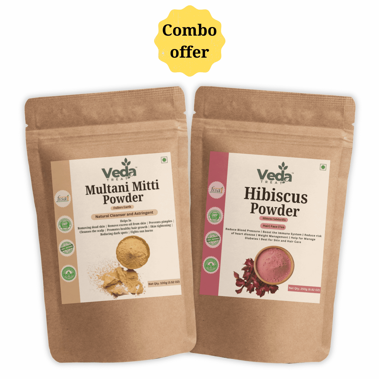VedaTreat Multani Mitti and Hibiscus Powder: 100% Pure & Natural Combo