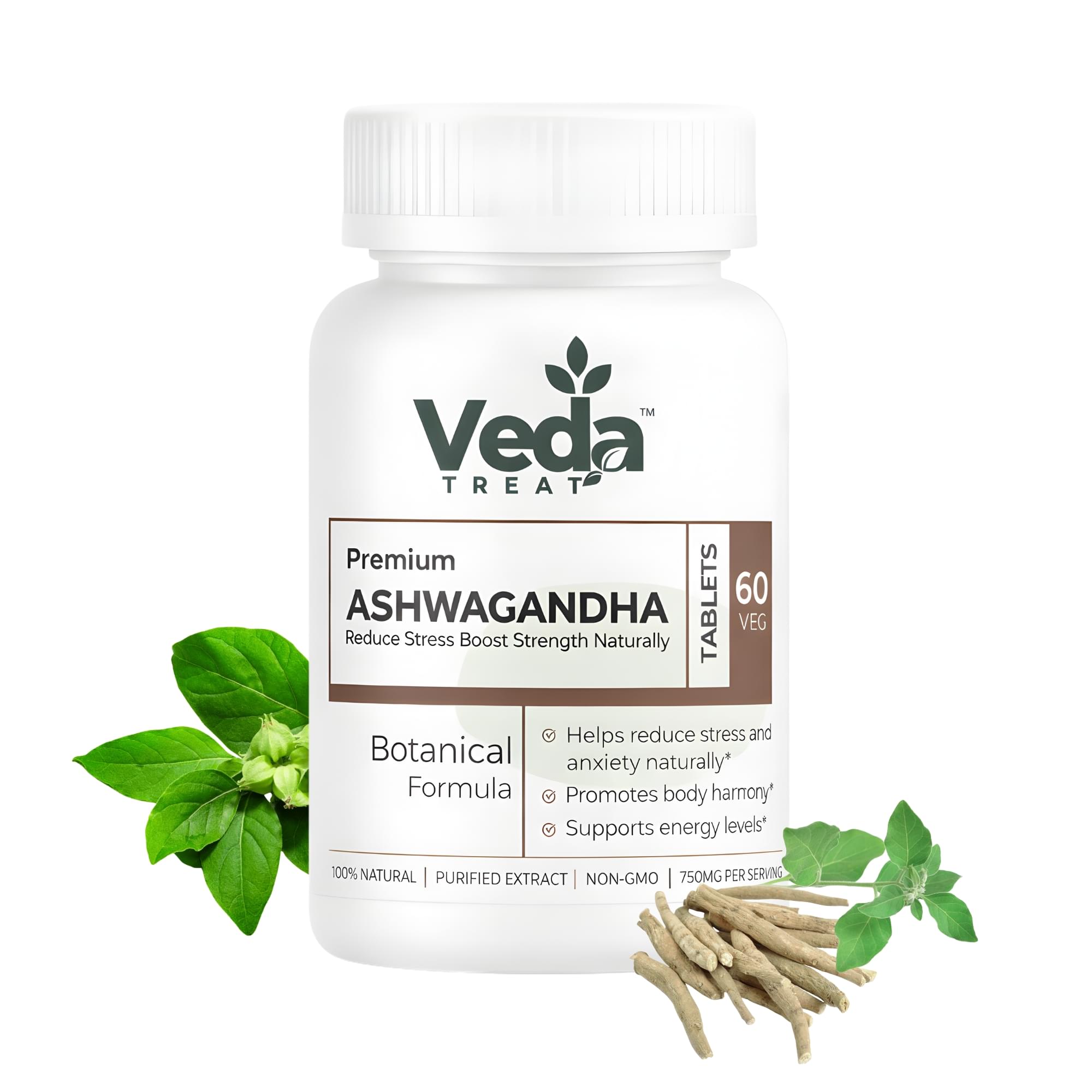 VedaTreat Premium Ashwagandha Tablets 750mg | Stress & Anxiety Support | Energy & Strength Booster | 60 Veg Tablets